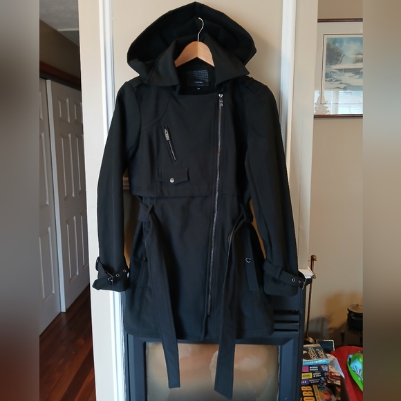 Steve Madden Black Asymmetrical Zip Fleece Lined Hooded Coat Size S/P - Picture 3 of 10